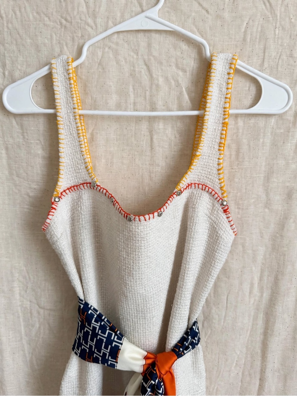 H&M Cream Mini Dress with Navy & Orange Sash - Picture 3 of 6